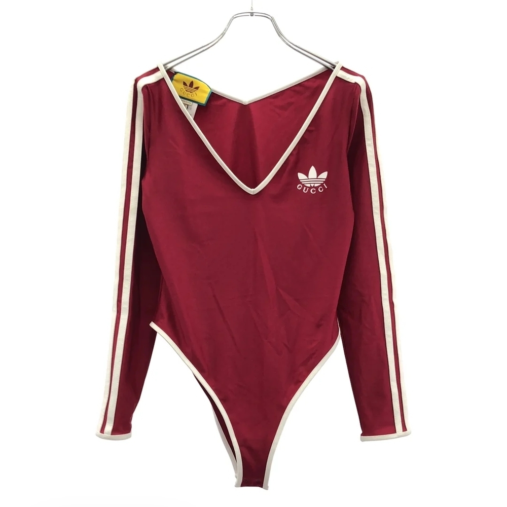 Gucci Red Long-Sleeve V-Neck Bodysuit with White Trim